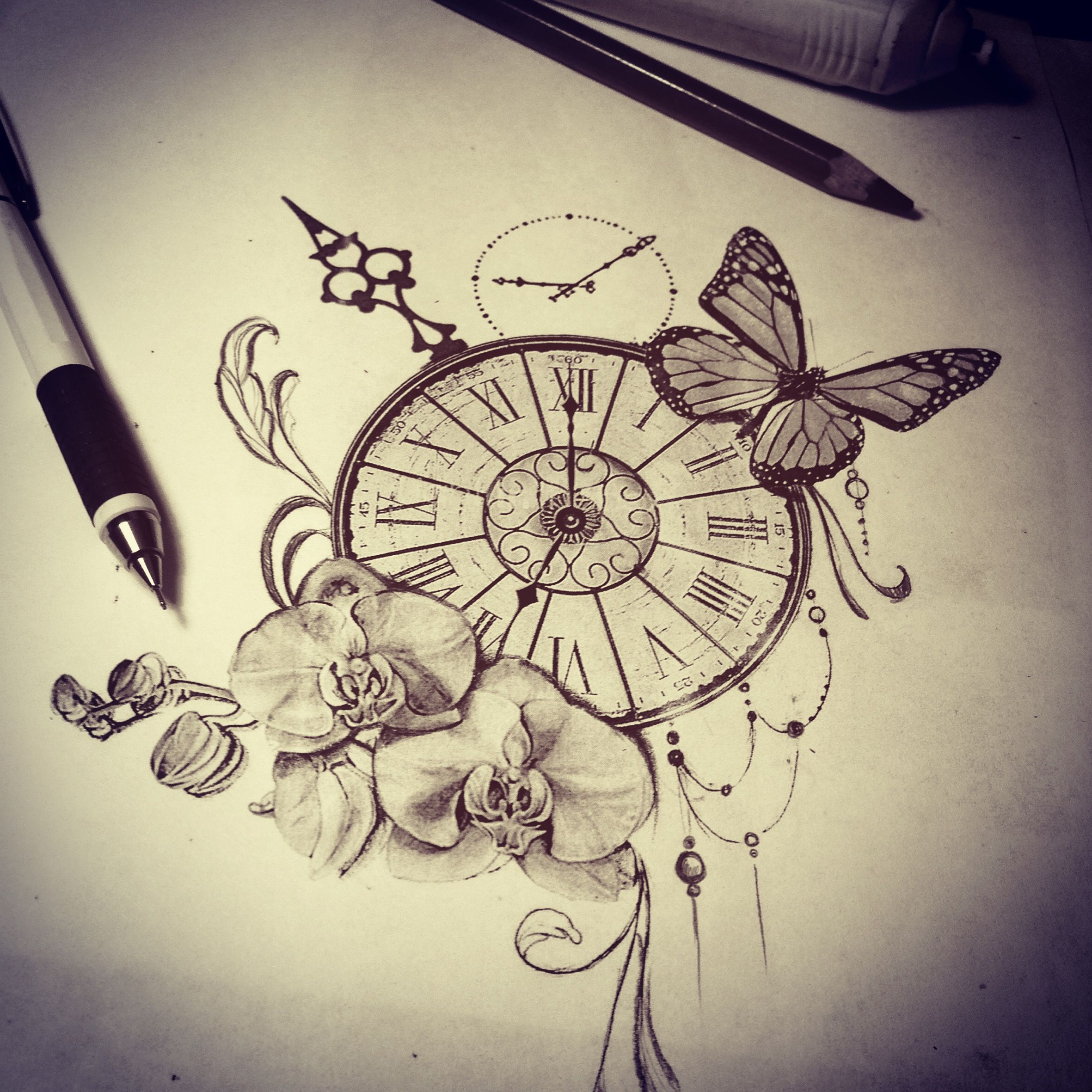 Tattoo Sketch Watch Butterfly Orchid Time Tattoos Tattoos within dimensions 2362 X 2362