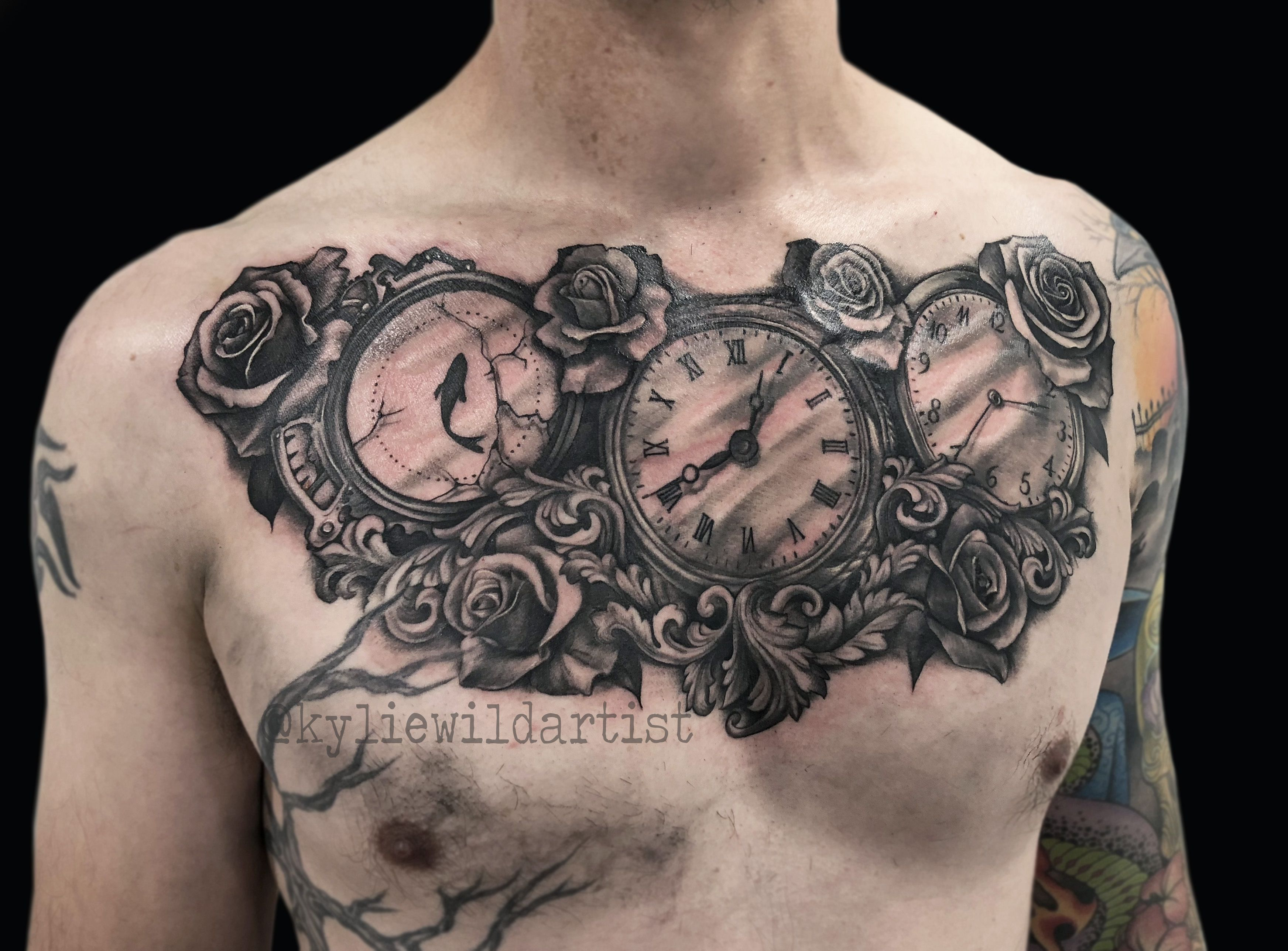 Three Clocks And Filligree On Chest Black And Grey Tattoo Time intended for measurements 3488 X 2576
