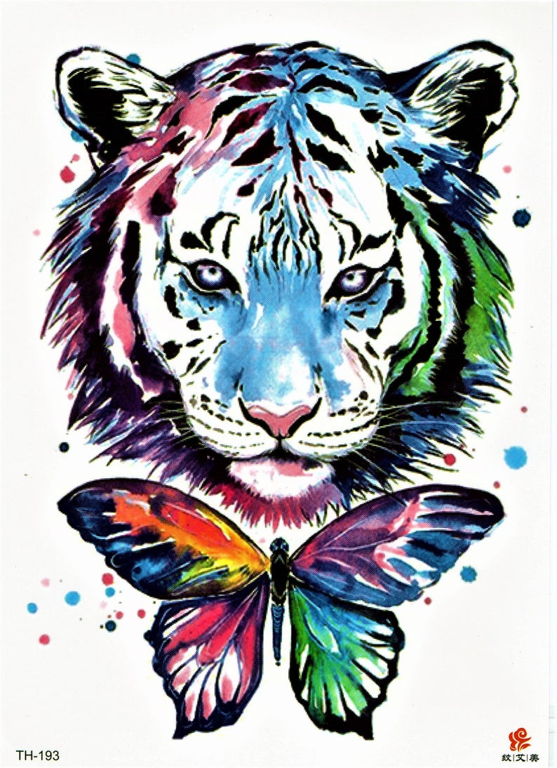 Tiger Colorful Butterfly Animal Watercolor Temporary Tattoo Etsy pertaining to size 794 X 1094