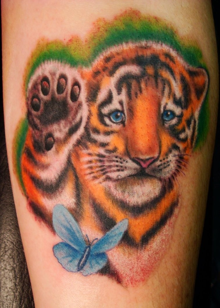 Tiger Cub With Butterfly In Color Tattoo Tattooimagesbiz with regard to proportions 757 X 1056