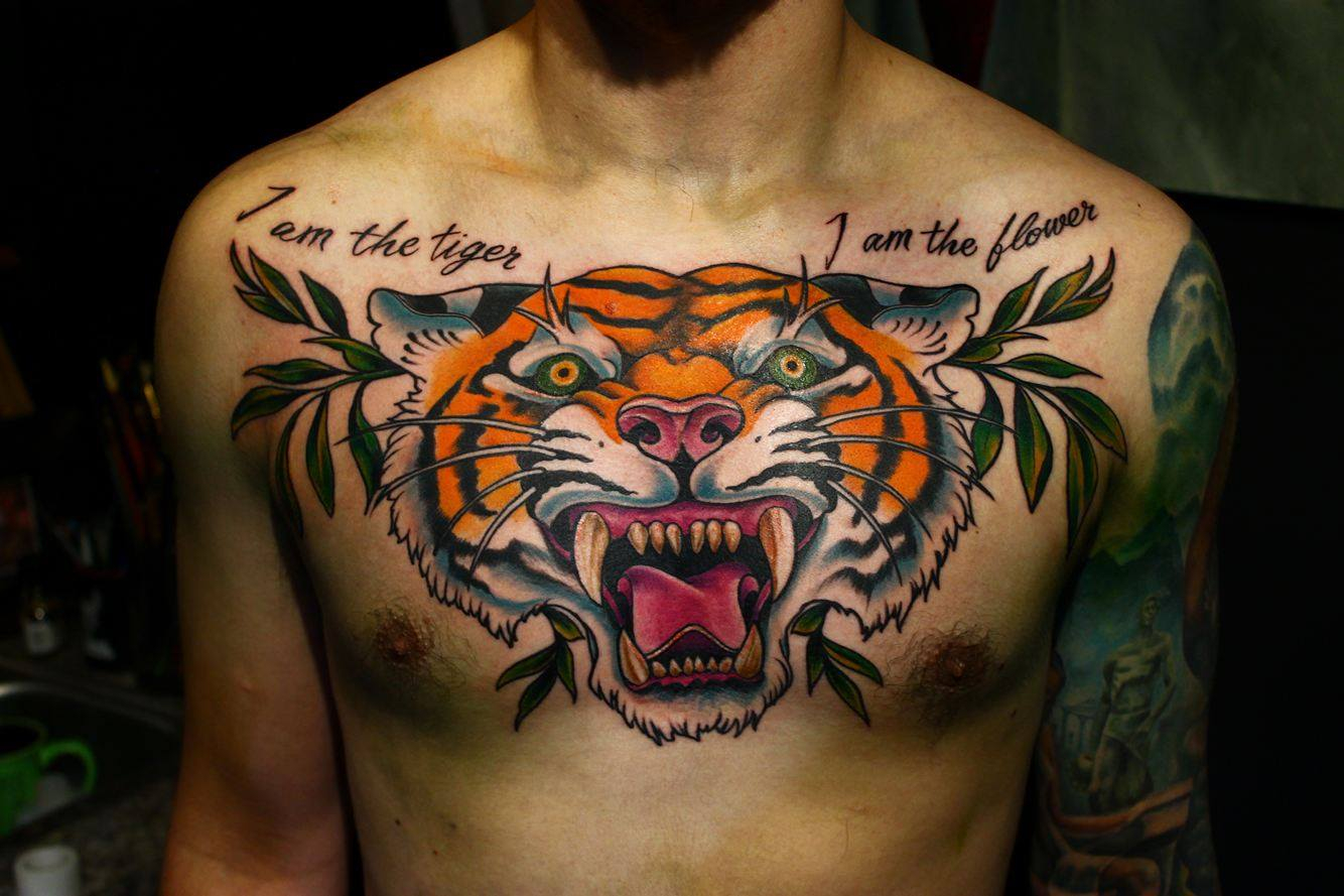 Tiger Face Chest Piece Nate Love Tattoo In Jenison Mi Tattoos with measurements 1334 X 889