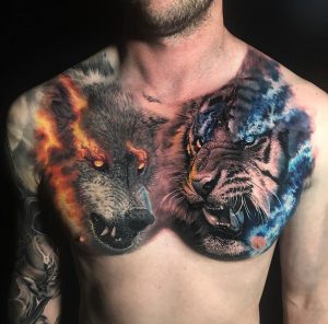 Tiger Vs Wolf Chest Best Tattoo Design Ideas intended for measurements 1075 X 1060