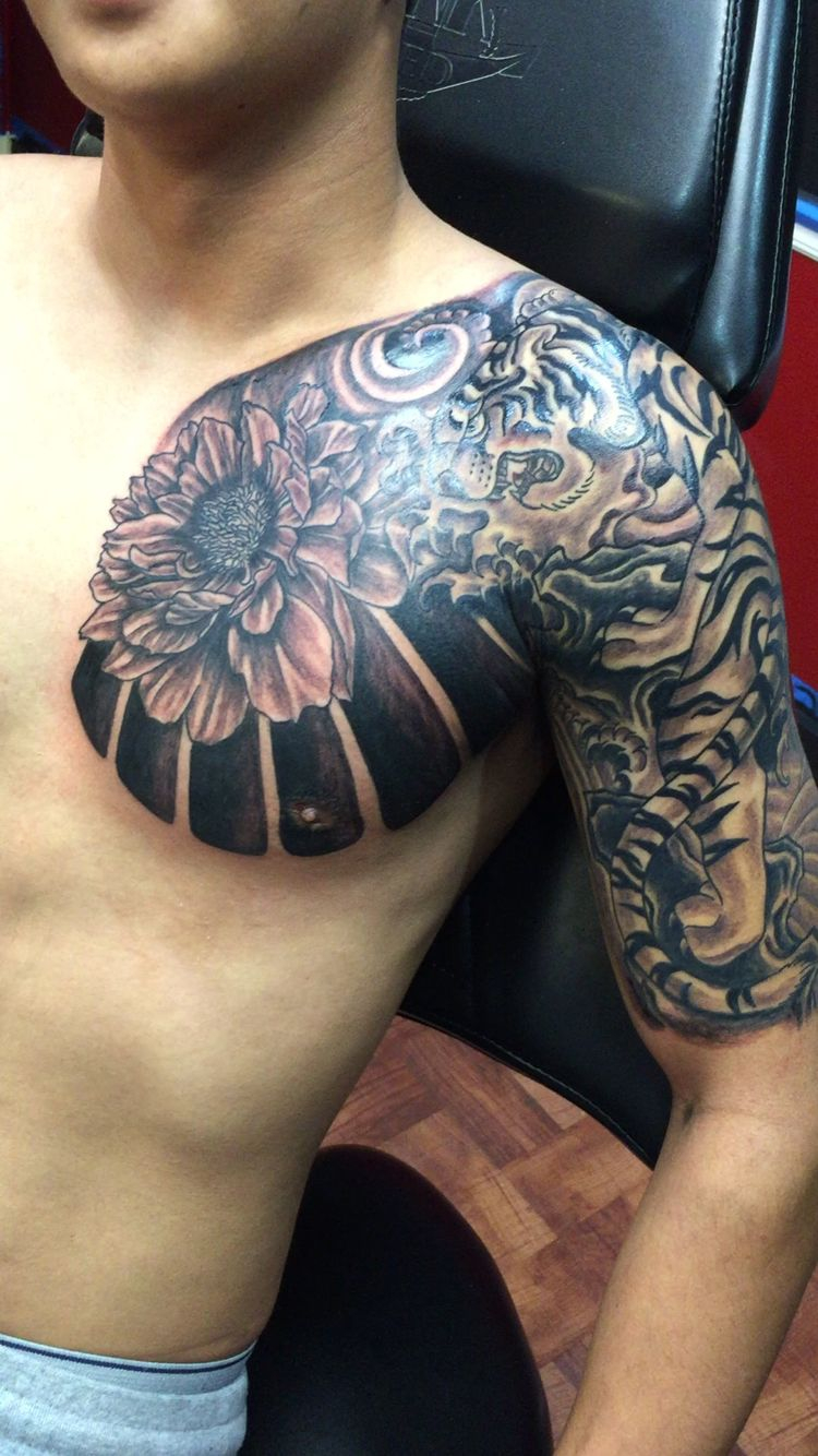 Tiger With Flower Japanese Style Halfsleeve Chest Tattoo pertaining to dimensions 750 X 1334