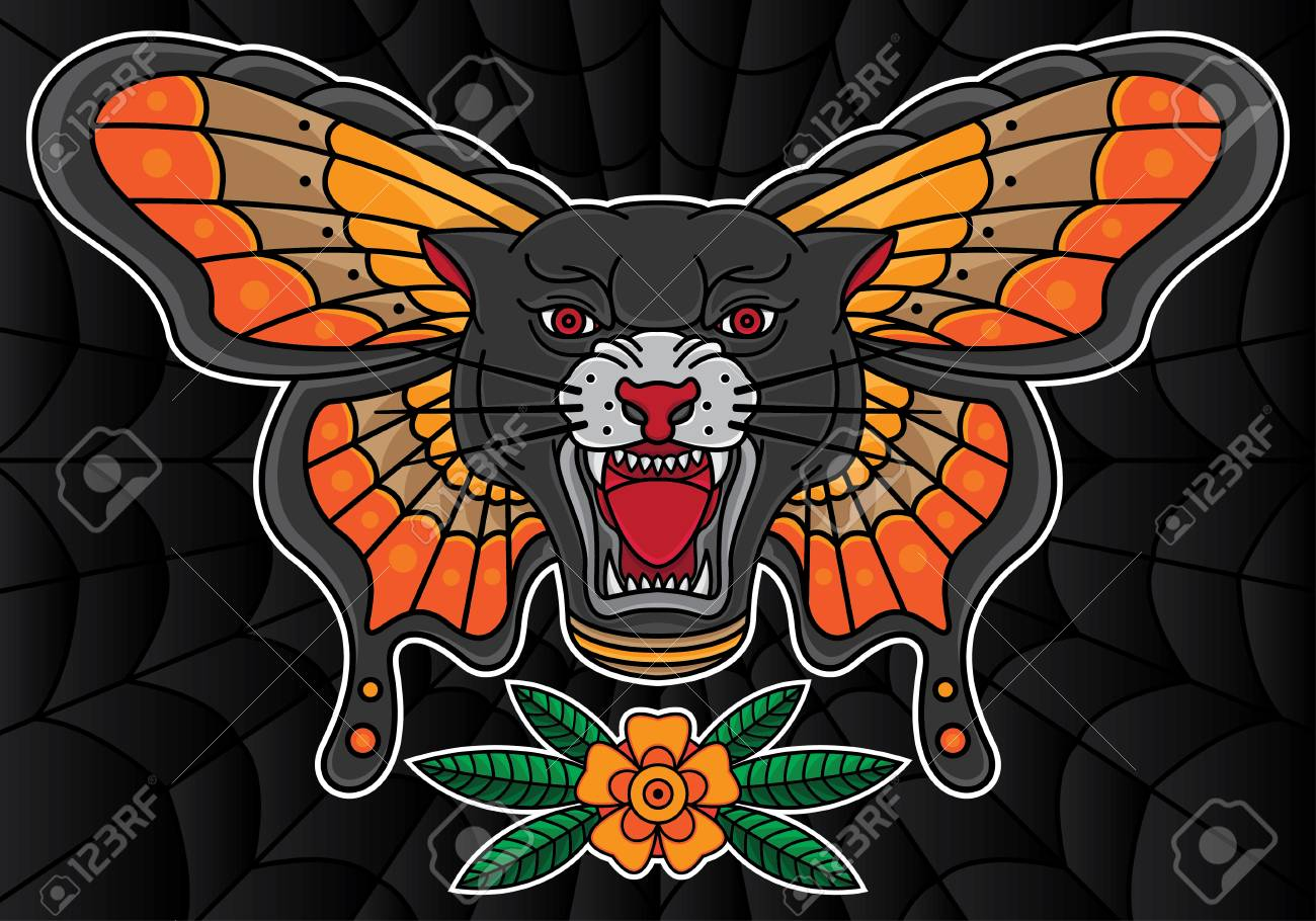 Traditional Black Panther And Butterfly Tattoo Vector 10 Royalty intended for dimensions 1300 X 910