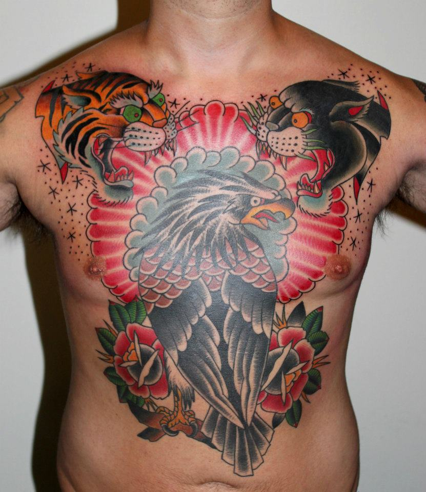 Traditional Eagle With Tiger And Panther Head Tattoo On Man Chest regarding measurements 831 X 960