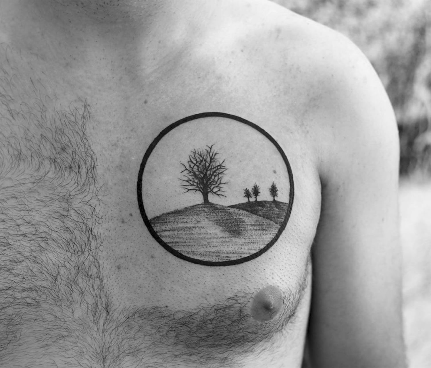 Trees And Grass Circle Outline Tattoo On Chest Tattoosformen with measurements 1500 X 1282