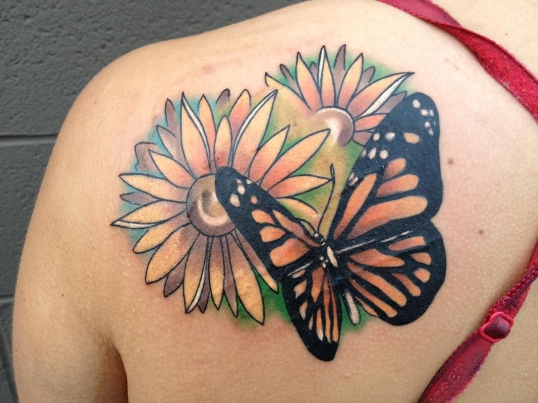 Two Daisies And Butterfly Tattoo intended for measurements 1067 X 800