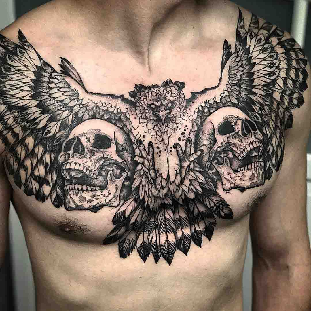 Two Skulls And Bird Chest Tattoo Markings Chest Piece Tattoos inside dimensions 1080 X 1080