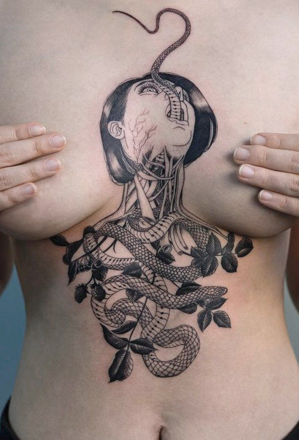 Unique Cool Medusa Snake Chest Sternum Tattoo Ideas For Women regarding measurements 1000 X 1473
