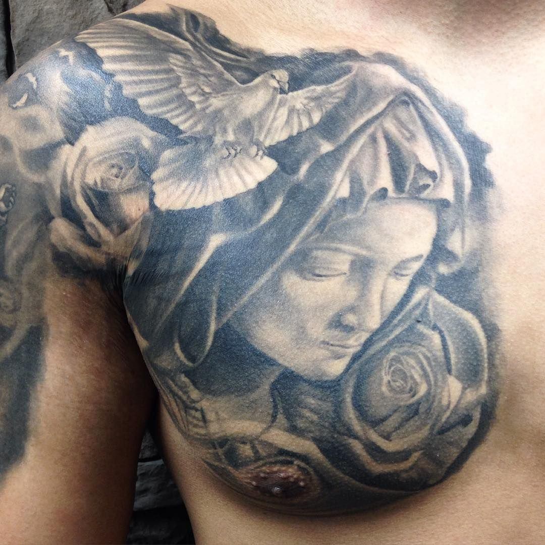 Virgin Mary Head And Flying Dove Tattoo On Chest For Men Miguels for proportions 1080 X 1080