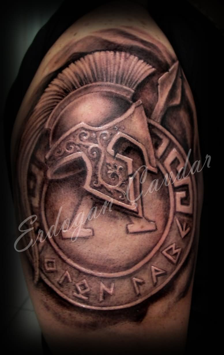 Warrior Helmet With Shield Tattoo Design Tattoo Ideas Spartan intended for proportions 777 X 1229