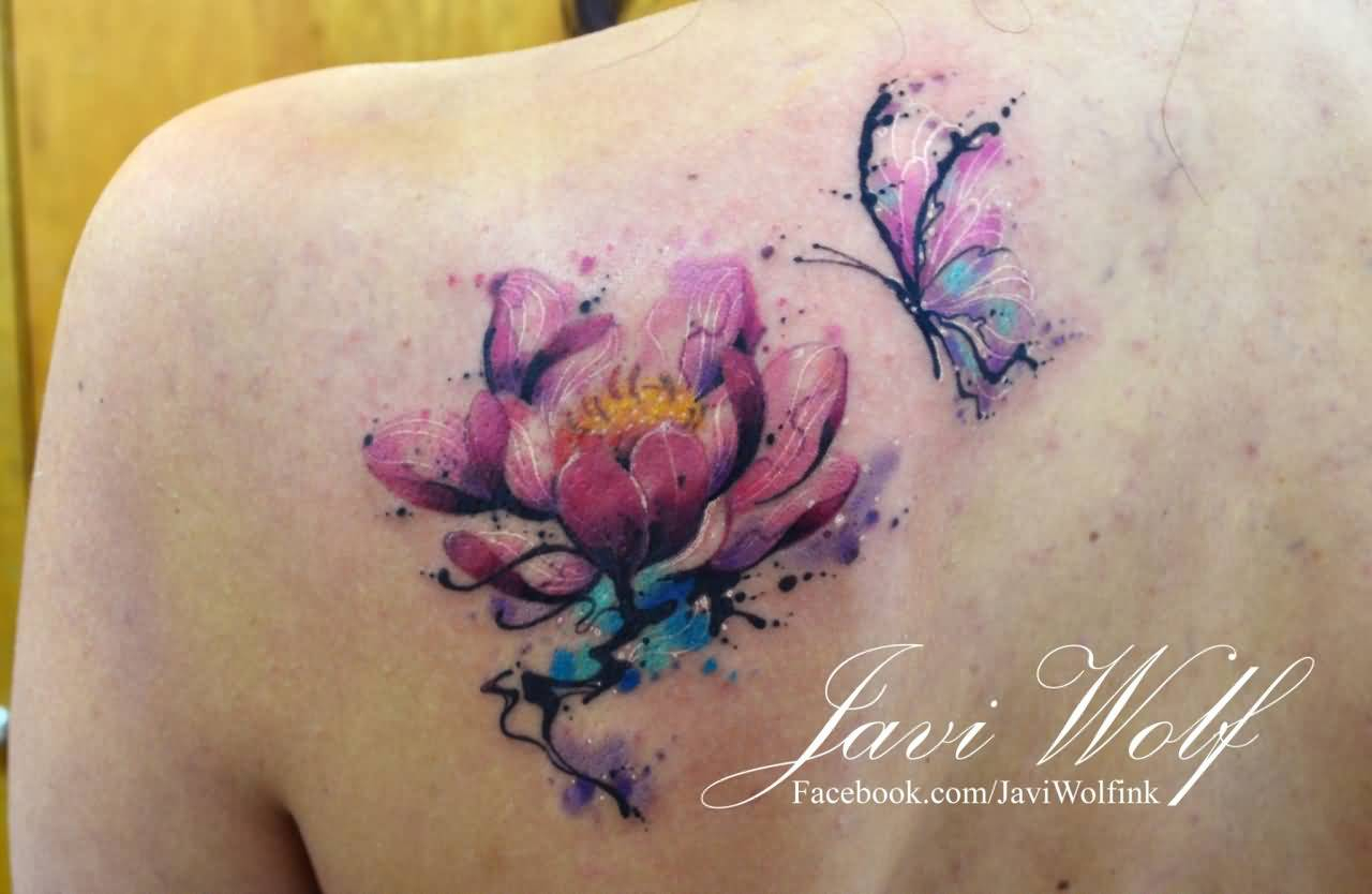 Watercolor Lotus With Butterfly Tattoo On Left Back Shoulder throughout measurements 1280 X 834