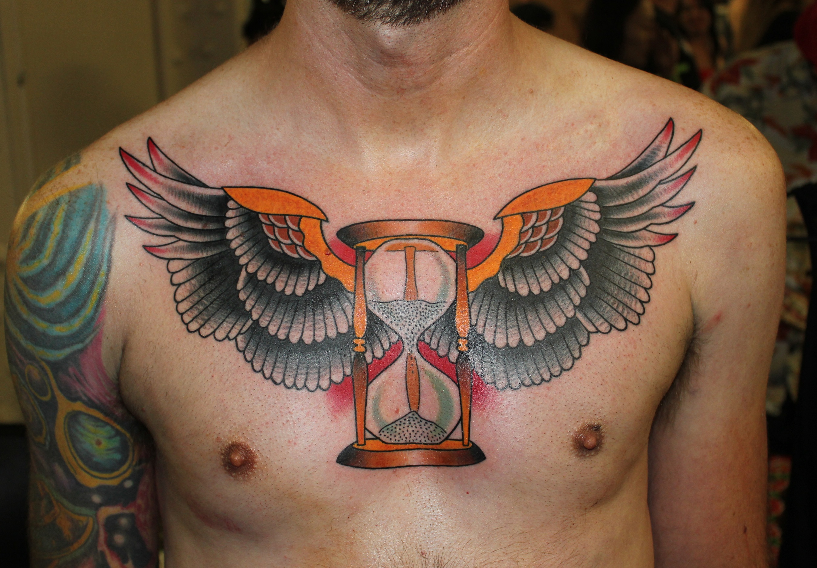 Winged Hourglass Tattoo Chest Piece Another Tattoo throughout dimensions 2700 X 1878