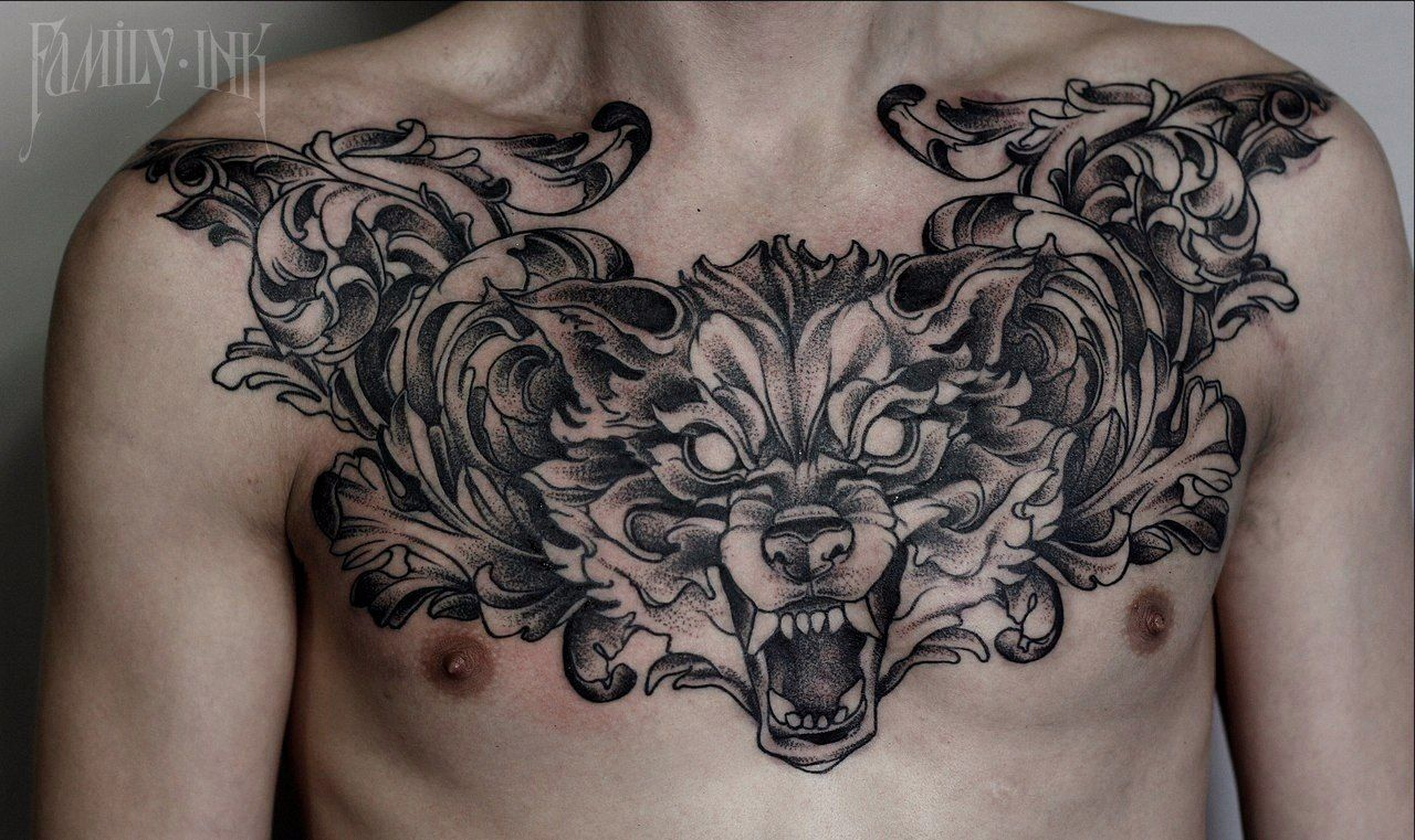 Wolf Tattoo On Chest With Pattern Family Ink Blacktattooart regarding measurements 1280 X 761