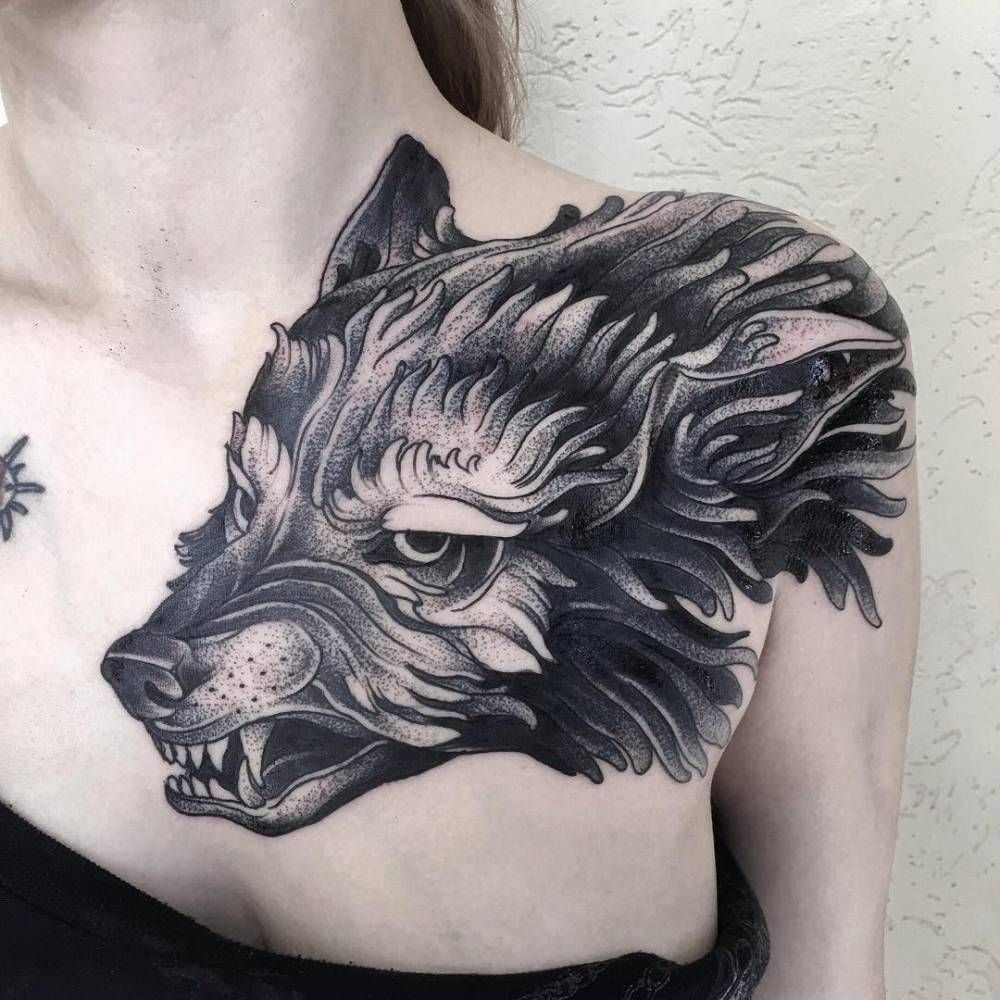Wolf Tattoo On The Left Shoulder And Chest Done At Family Ink within measurements 1000 X 1000