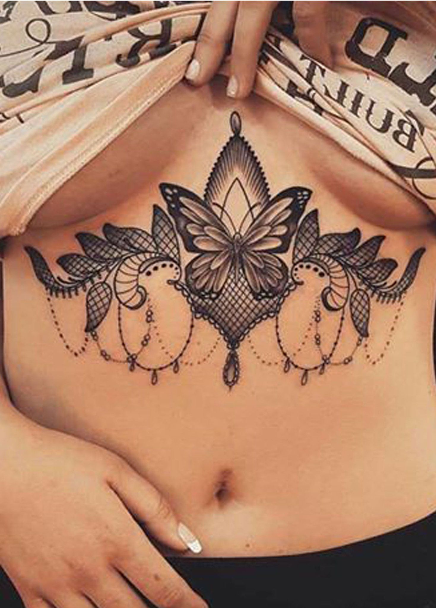 Womens Unique Butterfly Sternum Tattoo Ideas Cool Chandelier Lace in measur...