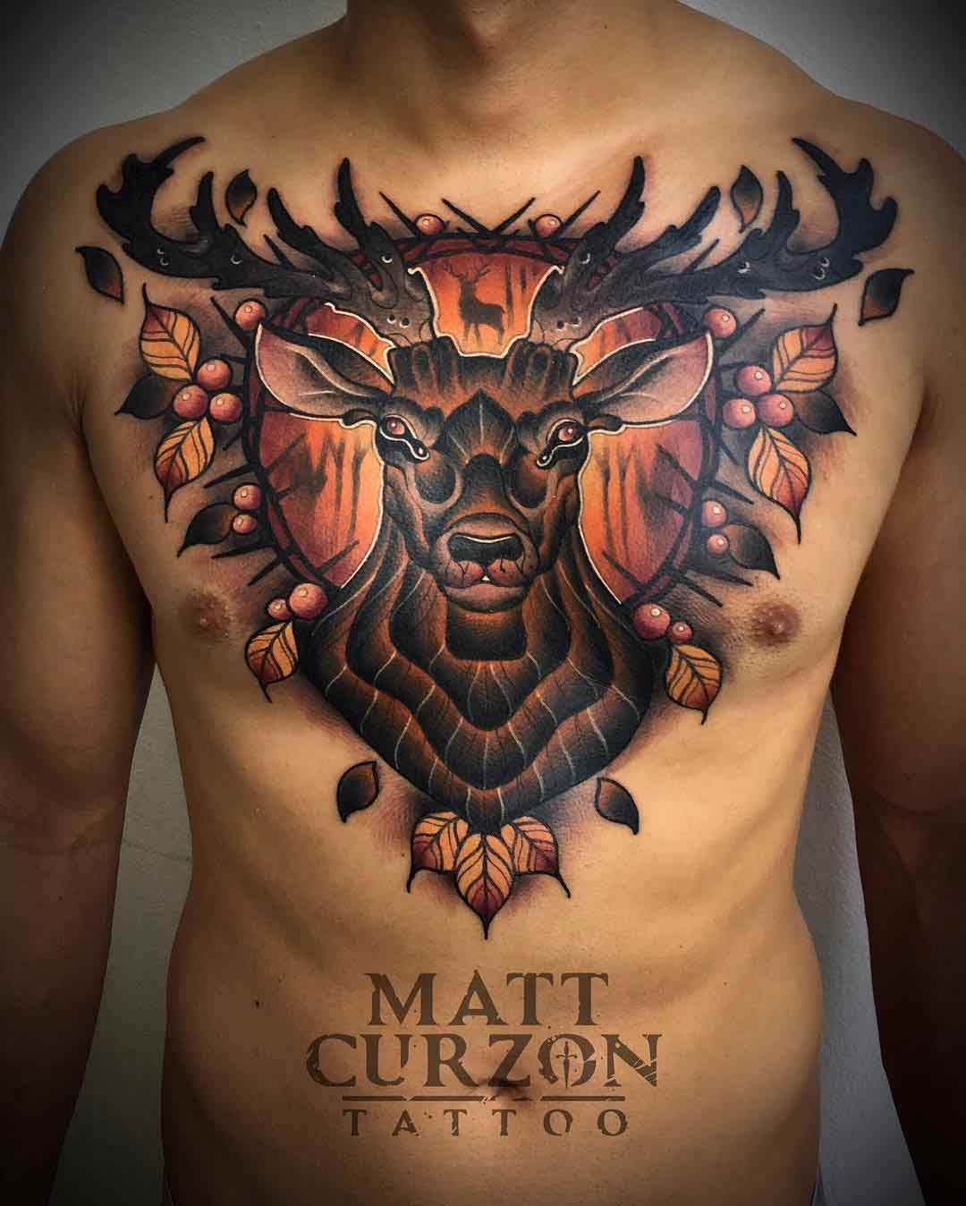 Wooden Stag Tattoo On Chest Frankenstein Cool Tattoos For Guys for dimensions 1080 X 1348